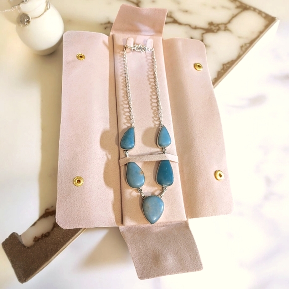 Natural Polished Angelite Stone Necklace With .925 Silver Chain - Picture 3 of 4